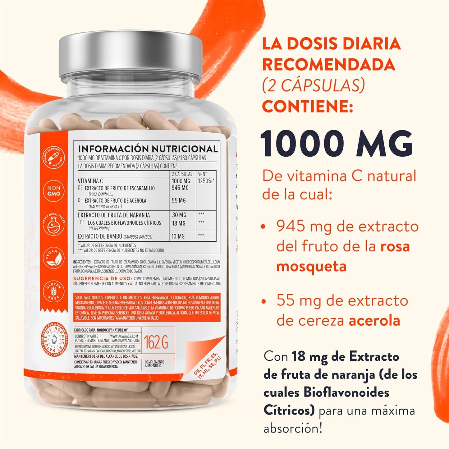 Vitamina C 1000 Mg - Vitamina C Natural - Con Flavonoides De Fruta Cítrica Y Acerola - Por Dosis Diaria (2 Cápsulas) - 180 Cápsulas De Vitamina C Pura Altamente Concentrada- Vegano Y Sin Gluten