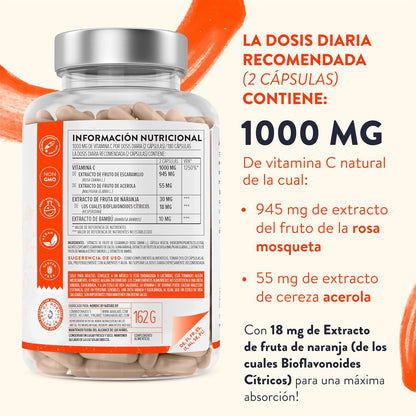 Vitamina C 1000 Mg - Vitamina C Natural - Con Flavonoides De Fruta Cítrica Y Acerola - Por Dosis Diaria (2 Cápsulas) - 180 Cápsulas De Vitamina C Pura Altamente Concentrada- Vegano Y Sin Gluten