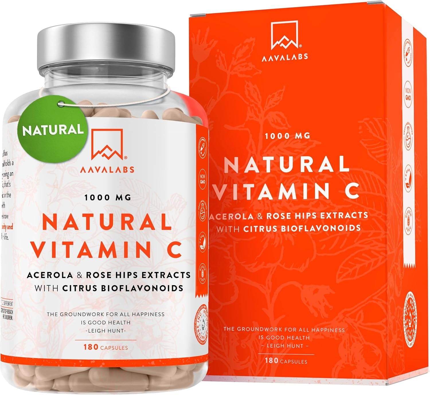 Vitamina C 1000 Mg - Vitamina C Natural - Con Flavonoides De Fruta Cítrica Y Acerola - Por Dosis Diaria (2 Cápsulas) - 180 Cápsulas De Vitamina C Pura Altamente Concentrada- Vegano Y Sin Gluten