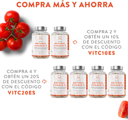 Vitamina C 1000 Mg - Vitamina C Natural - Con Flavonoides De Fruta Cítrica Y Acerola - Por Dosis Diaria (2 Cápsulas) - 180 Cápsulas De Vitamina C Pura Altamente Concentrada- Vegano Y Sin Gluten