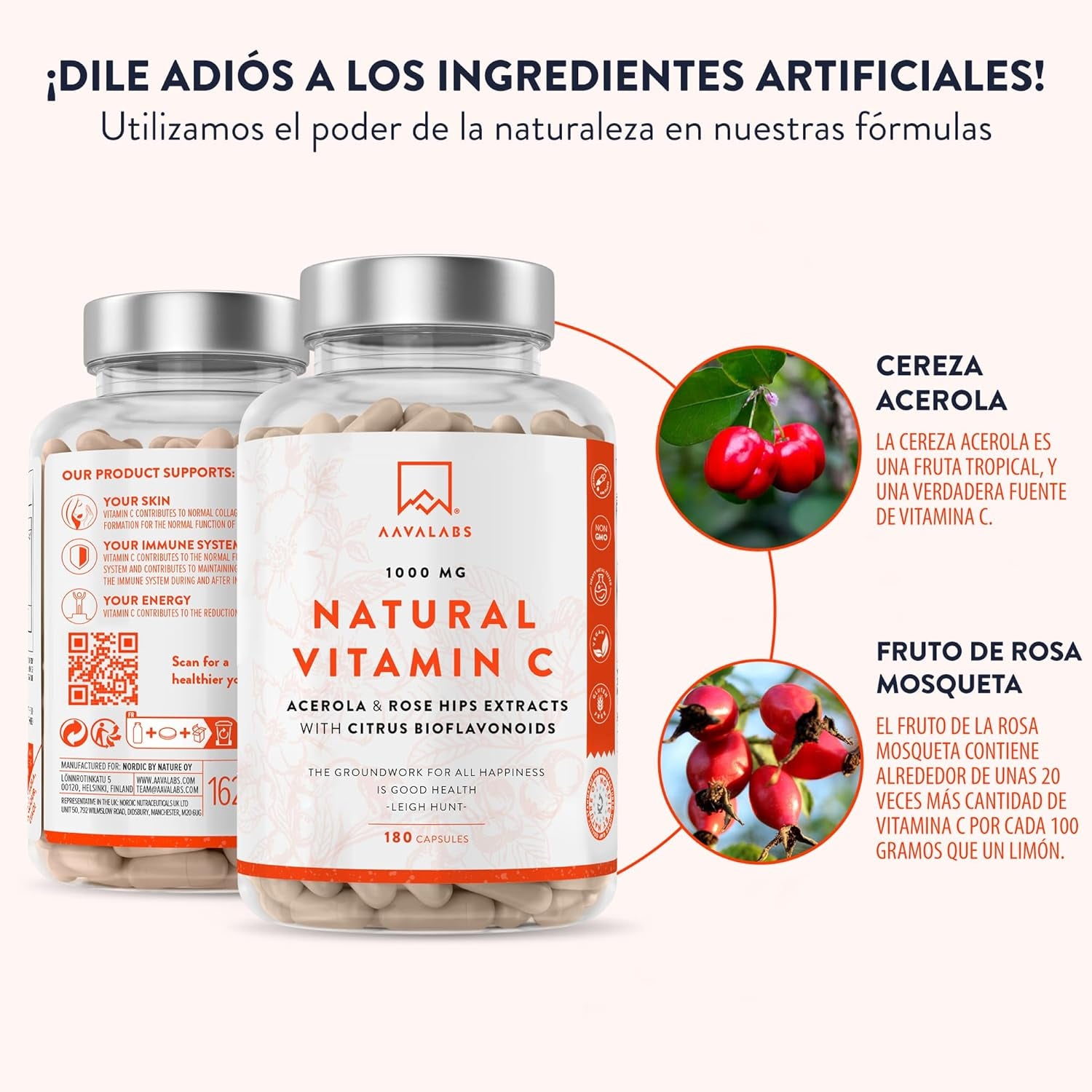 Vitamina C 1000 Mg - Vitamina C Natural - Con Flavonoides De Fruta Cítrica Y Acerola - Por Dosis Diaria (2 Cápsulas) - 180 Cápsulas De Vitamina C Pura Altamente Concentrada- Vegano Y Sin Gluten